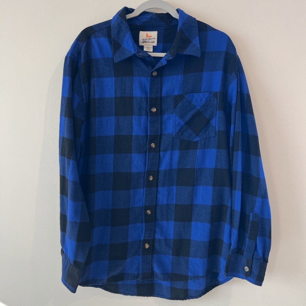 Field & Stream Flannel Shirt Mens XL Blue Black Plaid Button Up Long Sleeve